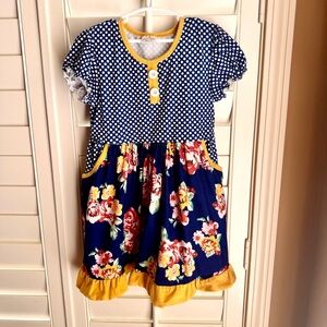 Girls Navy Polka Dot Floral Dress XL – Ruffle Hem Pockets Cottagecore Retro